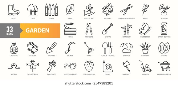 A collection of 33 garden-themed icons featuring tools, plants, and elements such as trowels, seeds, watering pots, gloves, sprout, mower, and scarecrow, designed in a clean line-art style