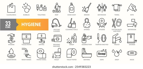 A collection of 33 hygiene-themed icons featuring cleanliness essentials such as soap, handwashing, tissue paper, cleaning tools, disinfection, toiletries, and bathing in a clean line-art style