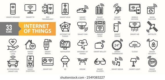 A collection of 33 Internet of Things (IoT) icons illustrating smart technologies such as smart home, smart devices, cloud, IoT security, VR, drones, and automation in line-art style