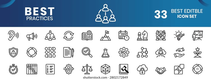 A collection of 33 line-style icons representing various business and best practices concepts