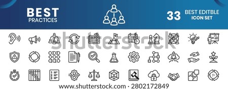 A collection of 33 line-style icons representing various business and best practices concepts