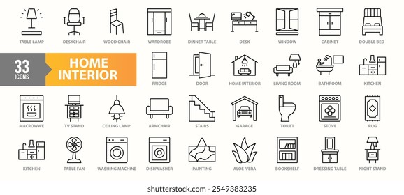 A collection of 33 minimalistic home interior icons, featuring furniture, appliances, and decor elements like tables, lamps, chairs, beds, and home essentials in a modern design.