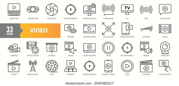 Uma coleção de 33 ícones com temas de vídeo que representam vários aspectos da produção de vídeo e streaming, incluindo câmeras, edição, reprodução, transmissão, cinema e interação online na arte