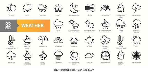 Una colección de 33 íconos con temas de Clima que muestran varias condiciones atmosféricas, incluyendo sol, lluvia, nieve, tormentas eléctricas, tornado, niebla y eclipse, en un estilo moderno de arte lineal