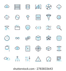 Collection of 35 blue and black line icons for business technology and data analysis on white background