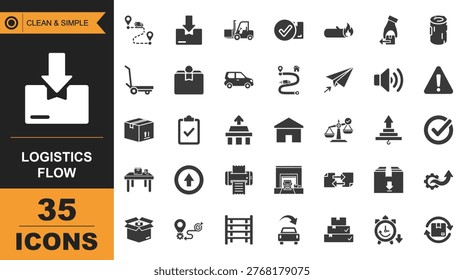 A collection of 35 clean and simple icons representing various aspects of logistics and delivery flow, including packages, transportation, and tracking.