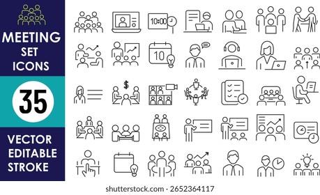 A collection of 35 editable stroke icons representing meetings, presentations, video calls, teamwork, schedules, brainstorming, discussions, business strategy, collaboration, and online communication