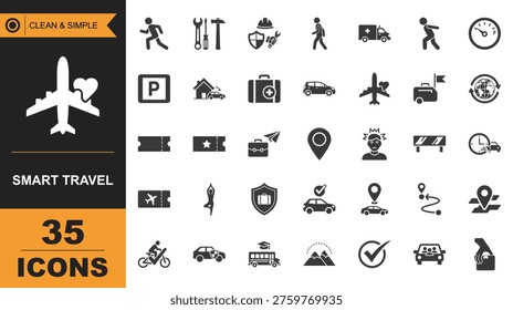 A collection of 35 icons representing smart travel, featuring transportation, safety, and navigation elements. The icons include airplanes, cars, buses, bikes, medical services, and location markers.