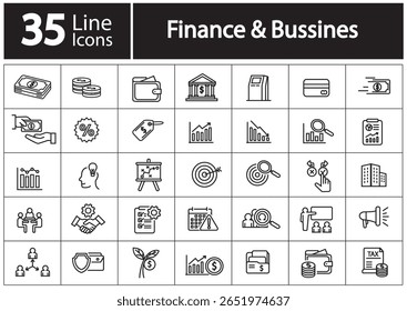 Coleção de 35 ícones de linha representando conceitos financeiros e de negócios, incluindo dinheiro, bancos e análises ilustradas em um estilo minimalista