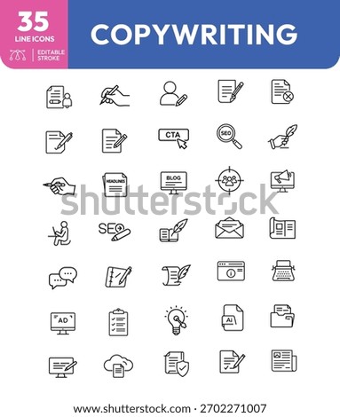 A collection of 35 line icons representing copywriting, content creation, SEO, and related concepts. Includes writing, editing, and marketing elements.