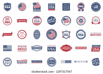 Collection of 35 red and blue made in the USA labels. Vector format.