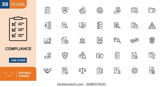 A collection of 35 thin line icons illustrating concepts of compliance, security, legal matters, and business processes.