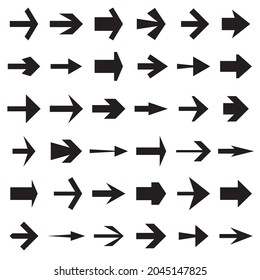 Collection of 36 Arrow Icons. Indication of the Way, a Certain Direction, the Next Button, etc. Black Symbols Isolated on a White Background. Vector Illustration