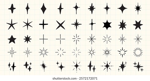 A collection of 36 black star icons on a grid. Various star shapes, sizes, and styles. Star icons for design, star patterns, and creative projects. Element vector set.