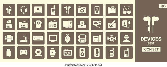 Coleção de 36 ícones de dispositivos representando vários dispositivos digitais, incluindo fones de ouvido, câmeras, computadores e tecnologia vestível, projetados para uso em interfaces de usuário e produtos digitais