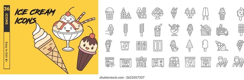 A collection of 36 editable ice cream icons, featuring soft-serve cones, sundaes, popsicles, and ice cream trucks. Ideal for branding, packaging, menu designs, and digital projects