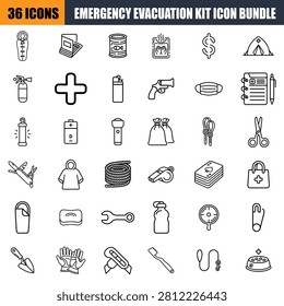 A collection of 36 flat style representing various in an emergency evacuation kit set against a white background in a monochrome outline style emergency kit, evacuation, flat first aid....