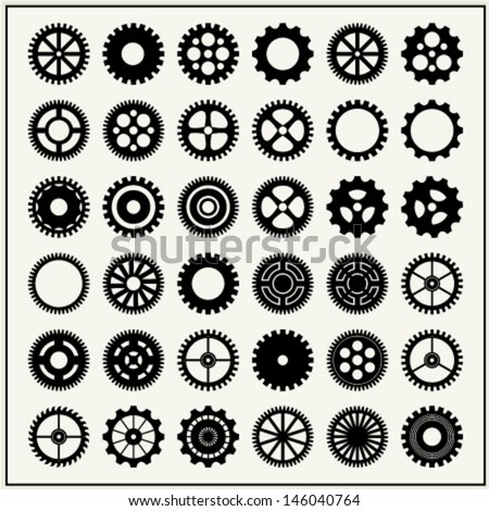 Collection of 36 gear wheels isolated on light background