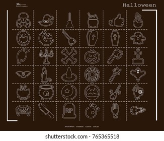 Collection of 36 halloween icons. Vector illustration in thin line style