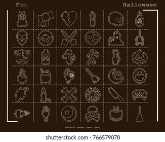Collection of 36 halloween icons. Vector illustration in thin line style