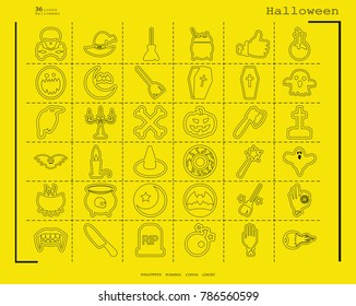 Collection of 36 halloween icons. Vector illustration in thin line style