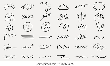 A collection of 36 hand-drawn doodles, featuring arrows, clouds, spirals, and symbols. Simple and playful doodles, perfect for creative projects and designs. Hand drawn social media icons, vector set.