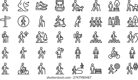 A collection of 36 line art illustrations showcasing people engaging in various activities, such as exercising, playing sports, and going about daily life, all in a simple vector design.