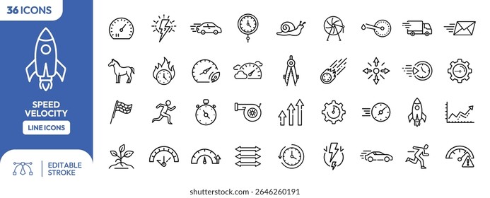A collection of 36 line icons related to speed and velocity. The icons depict various concepts such as speedometers, rockets, running figures, and time-relat...