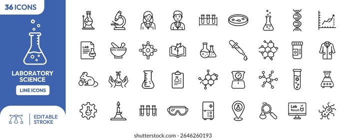 A collection of 36 line icons related to laboratory science, including equipment, scientists, and scientific concepts. The icons are arranged in a grid format.