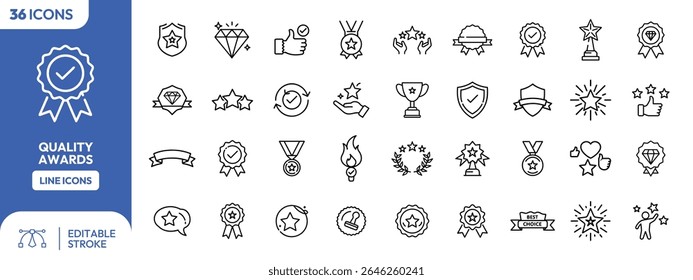 Collection of 36 line icons related to quality awards, achievements, and recognition. Includes medals, stars, trophies, and ribbons.
