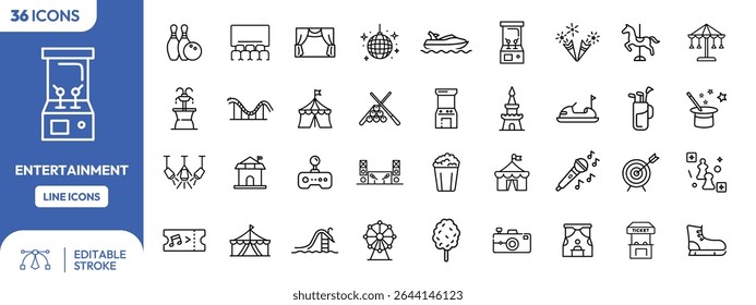 A collection of 36 line icons representing various forms of entertainment, from arcade games to amusement park rides.