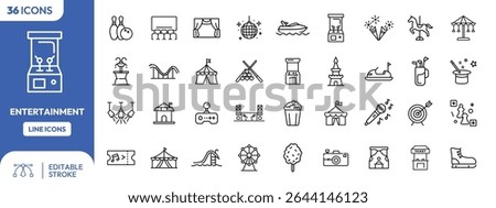 A collection of 36 line icons representing various forms of entertainment, from arcade games to amusement park rides.