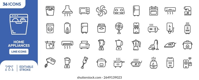 A collection of 36 line-art icons representing various home appliances, including kitchen, laundry, and comfort items.