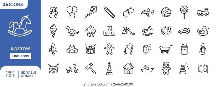 Collection of 36 outline icons representing various kids' toys. Includes a rocking horse, teddy bear, and other classic toys.