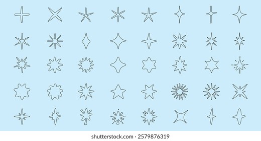 Collection of 36 star and sparkle icons. Star shapes vary, with sparkle designs in different styles. Star and sparkle icons on a light blue background. Element vector set.