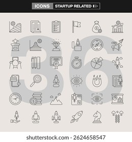A collection of 36 startup related icons, featuring business growth, innovation, planning tools, financial symbols, and strategy visuals. Ideal for branding, UI design, infographics