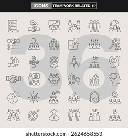 A collection of 36 teamwork related icons, featuring collaboration, leadership, brainstorming, goal setting, networking, and productivity symbols. Ideal for corporate branding, UI design, info graph