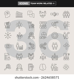 A collection of 36 teamwork related icons, featuring collaboration, leadership, brainstorming, goal setting, networking, and productivity symbols. Ideal for corporate branding, UI design, info graph