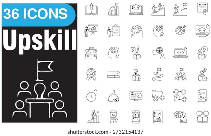Coleção de 36 ícones de linha de aprimoramento com conceitos de treinamento, aprendizagem, crescimento de carreira, mentoria e desenvolvimento profissional. Ideal para treinamento corporativo, e-learning, tecnologia educacional, programas de liderança e projetos de recursos humanos.