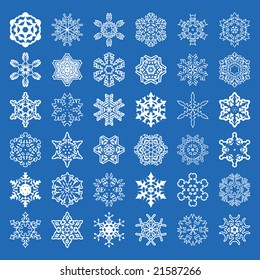 Collection of 36 vector winter snowflakes.
