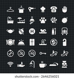 Collection of 36 white icons on a black grid background, featuring various symbols like no smoking, phone, swimming, and coffee. Simple, clear, and versatile icons. User interface icon vector set.