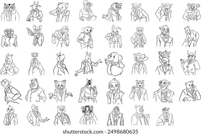 Collection of 39 animals in suits line drawings in EPS format. Perfect for creative projects, these high-quality, detailed illustrations add a touch of whimsy and sophistication to any design.