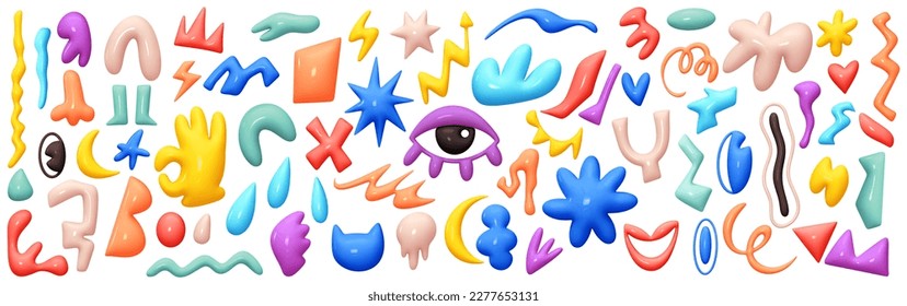 Collection of 3d abstract shape in cartoon style. Set of realistic elements for design of various decorative in soft multicolored tones. Y2K. groove. Isolated on white background. vector illustration - Shutterstock ID 2277653131