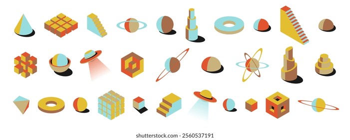 Collection of 3D abstract shapes with bright colors. Retro style spheres, cubes, UFOs and planets in brutalist aesthetic. Ideal for posters, cards and bold creative wall art or templates