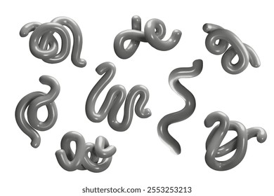 Colección de curvas plateadas abstractas en 3D con reflejos y reflejos. Formas retorcidas y en espiral. Material plástico o plastilina. Elemento de diseño decorativo. Ilustración vectorial sobre fondo blanco.