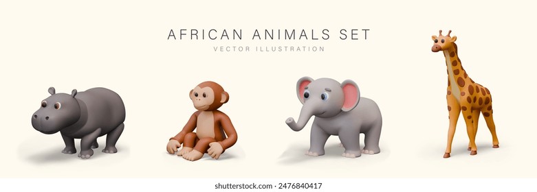 Collection of 3D African animals. Realistic hippopotamus, monkey, elephant, giraffe