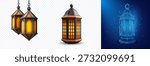 Collection of 3D Arabic Ramadan lanterns: warm glowing hanging fanous and standing lamp, plus futuristic blue hologram wireframe lantern on blue background, isolated set