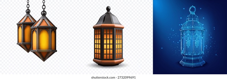 Collection of 3D Arabic Ramadan lanterns: warm glowing hanging fanous and standing lamp, plus futuristic blue hologram wireframe lantern on blue background, isolated set