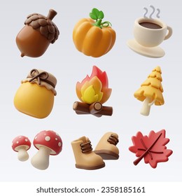 Collection 3d of Autumn forest elements, Hello autumn concept. Eps 10 Vector.