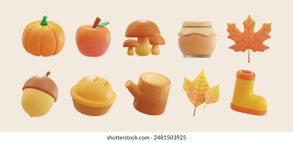 Colección 3d de Elementos forestales de otoño. Bellota, tarta de manzana, hoja de otoño, zapatos de jardín, botella de mermelada de miel, hoja de arce, hongo, calabaza, manzana roja y tronco 3d Vector